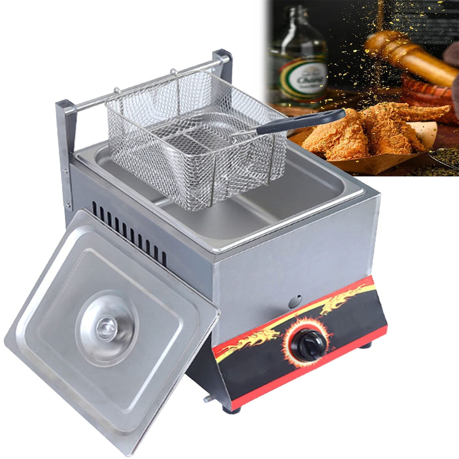 Friggitrice a gas di grande capacità in acciaio inox per uso domestico friggitrice GPL potenza di fuoco regolabile con cestelli e coperchio per patatine fritte ciambelle pesce facile da pulire (gas