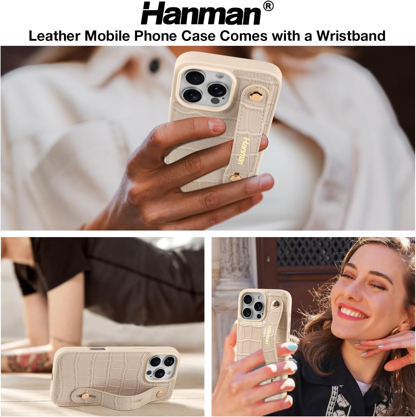 Hanman for iPhone 15 Pro Max Leather Case with Adjustable Wristband Strap Kickstand,Hand Strap Leather Case for iPhone 15 Pro Max,Crocodile Leather Wristband Kickstand Case for iPhone 15 Pro Max-Beige - Image 6