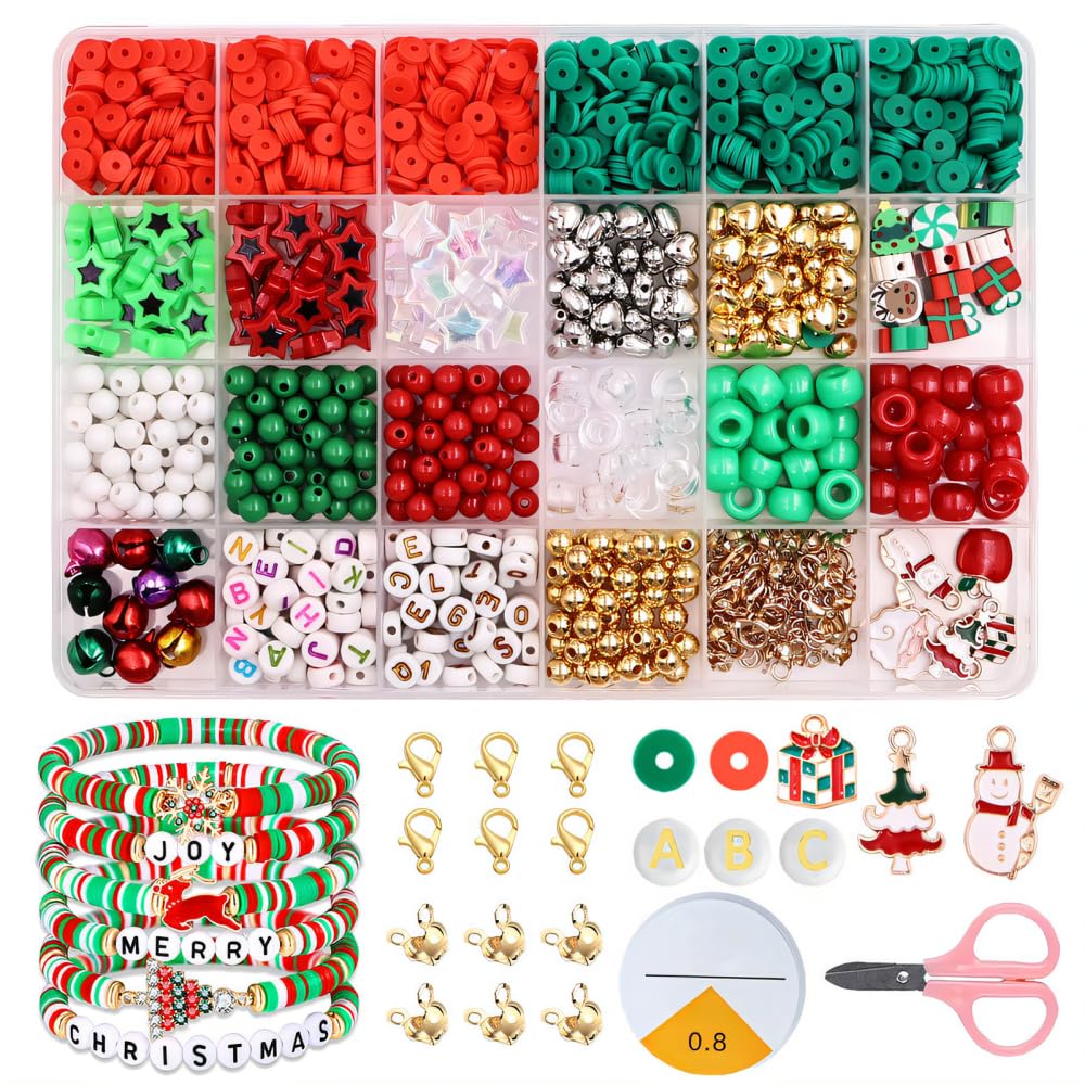 MiOYOOW Christmas Beads Kit, Colorful Christmas DIY Craft Bead Portable Xmas Bead Ornament for Clay Beaded Pearl Letter Bracelets Necklace Holiday Present
