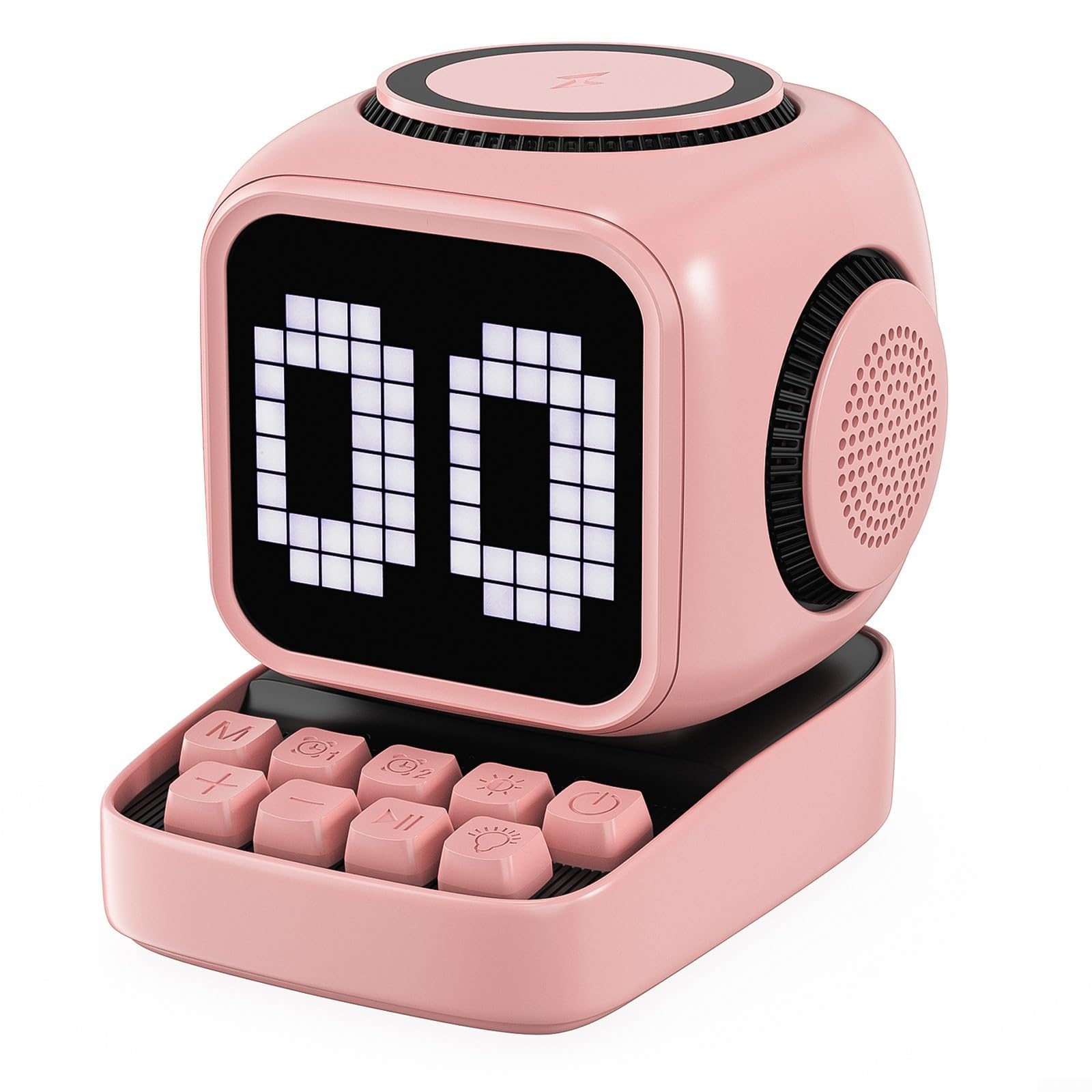 Altoparlante wireless portatile per retro offre un audio ricco di 10 W, supporta la ricarica wireless magnetica da 15 W, include emoticon touch e doppia sveglia (rosa)