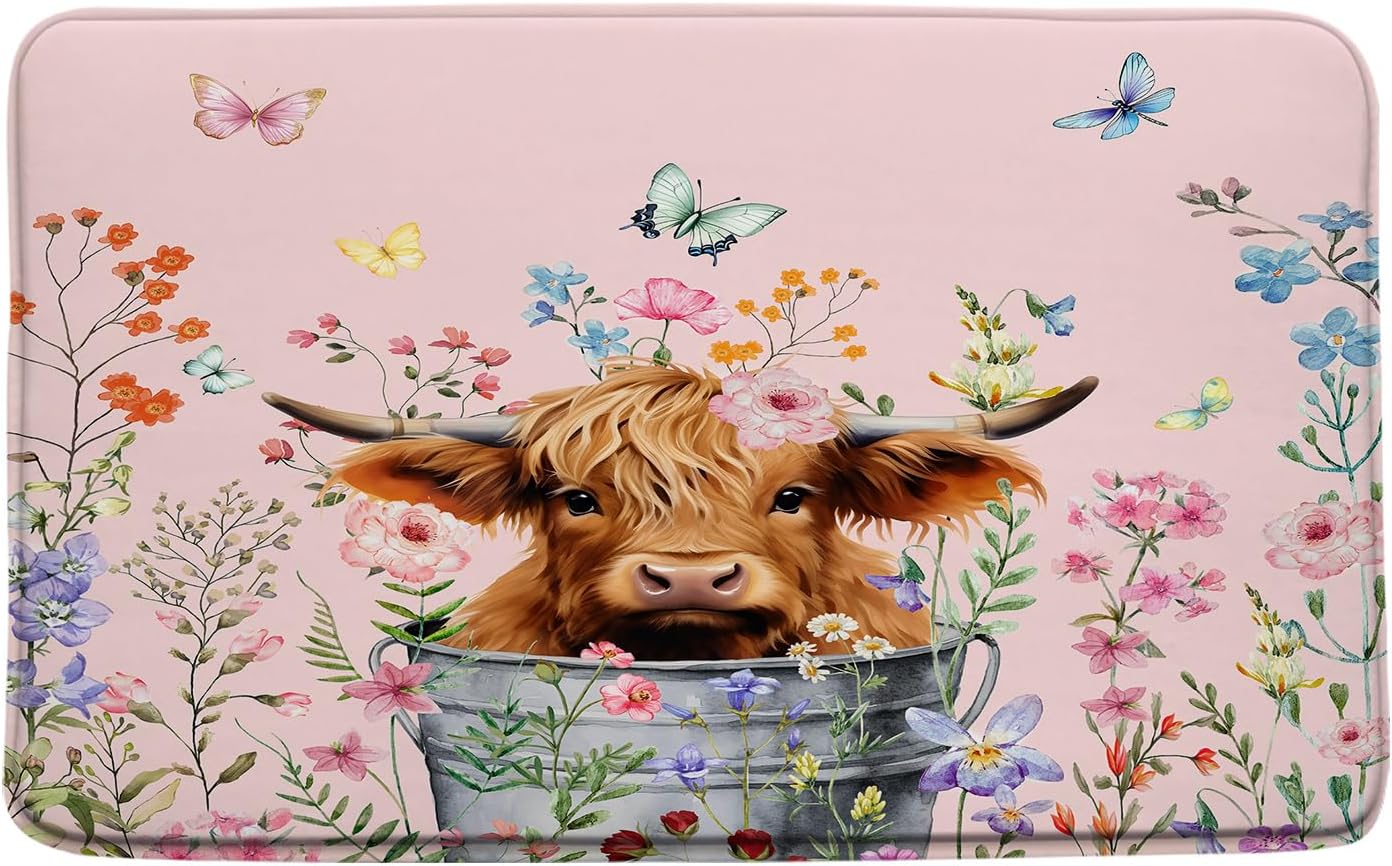 GCTNBJL Farmhouse Highland Cow Bath Mat Pink Blue Rustic Watercolor Floral Butterfly Brown Farm Animal Cow Western Home Office Bedroom Doormat Bathroom Toilet Floor Rug,24x48 Inch