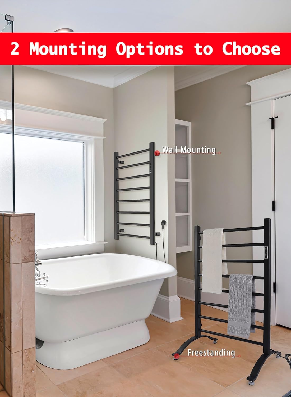 Heated Towel Rack, 8-Bar Towel Heater, Wall Mounted/Freestanding Design Towel Warmer, Black