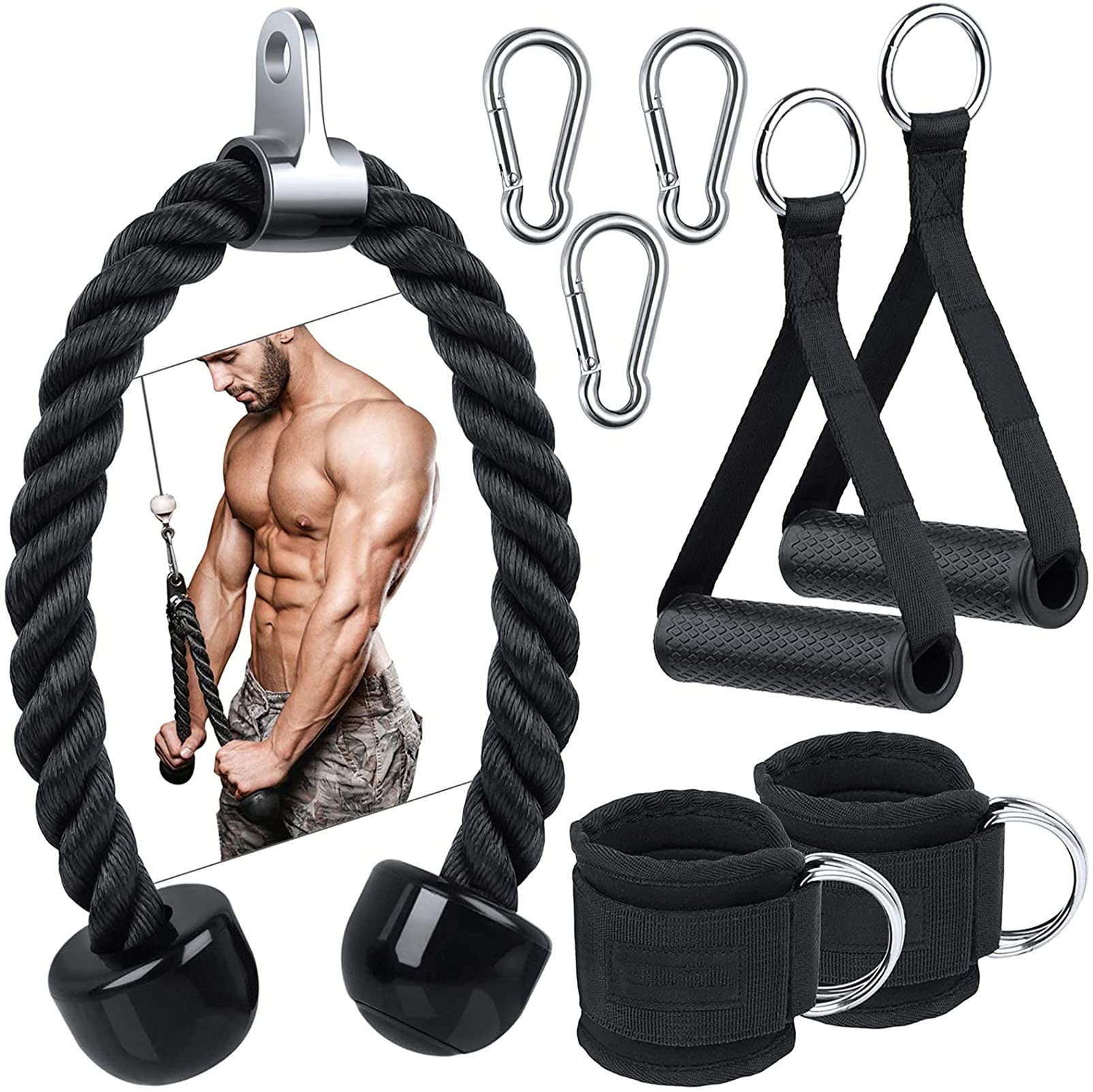 Tricep Rope Pull Down - Ankle Straps for Cable Machine Attachment, Triceps Pull Down Rope Machine And Exercise Bands Handles, Home Gym Accessories for Arm Strength Training Equipment