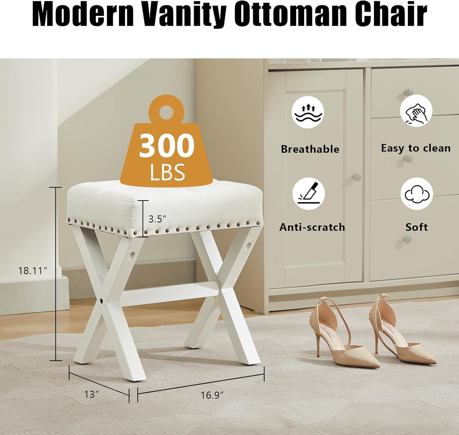 Square Makeup Stool with Rivets Wood X-Legs,Modern Vanity Ottoman Chair,Padded Faux Leather Seat for Dressing Room,Bathroom (White Fabric)