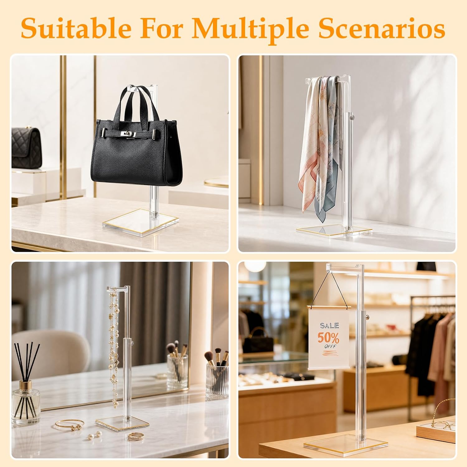 4Pcs Acrylic Purse Display Stands, 14"-24" Adjustable Height Handbag Holder with Gold Trim Base, Clear Countertop Purse Stand for Closet Retail Boutique Vendor, Durable Evening Bag Hanging Stand