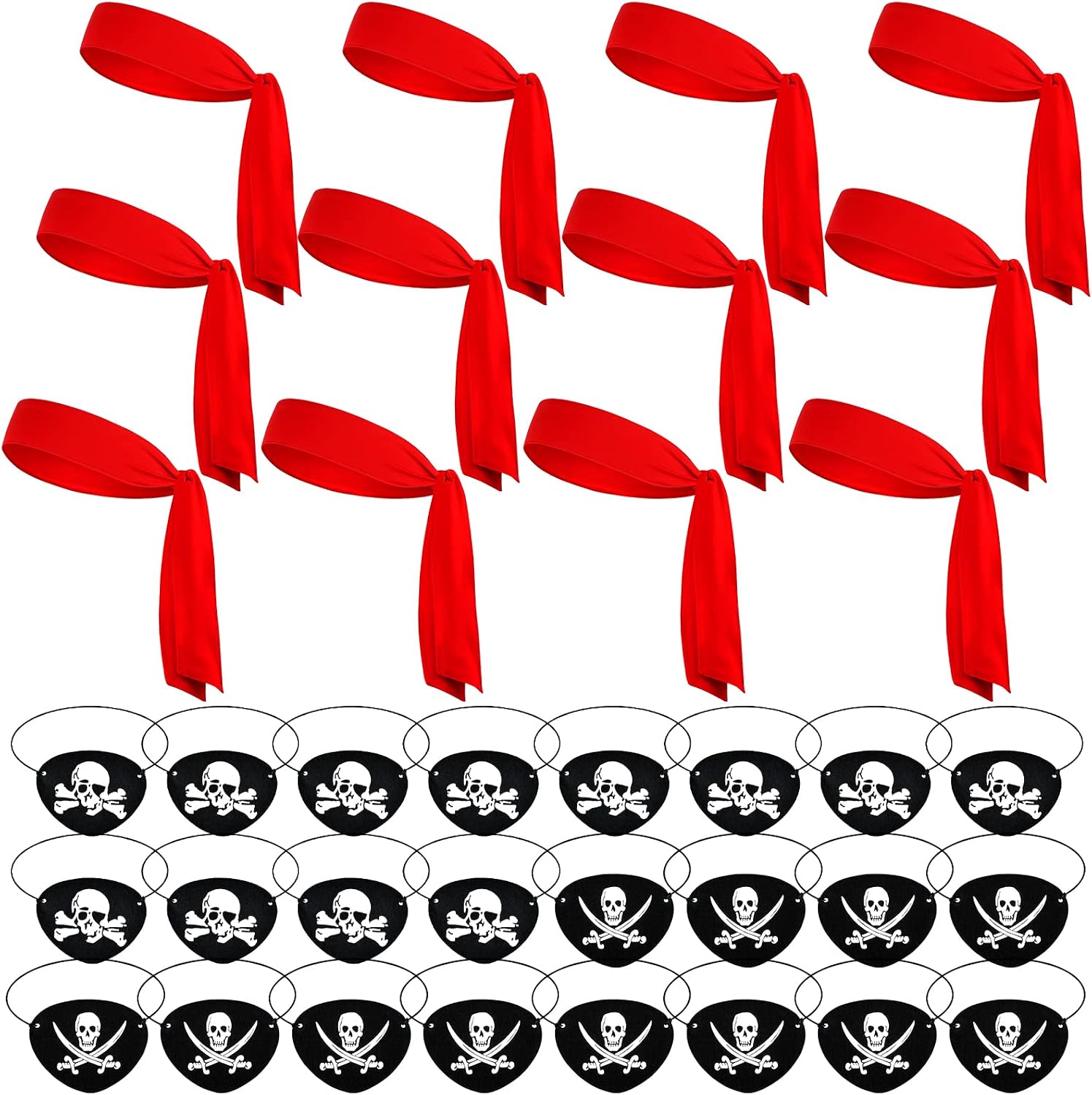 12 PCS Halloween Pirate Party Supplies Include 6 Red Pirate Head Bandana Tie Headband Sports Headwear Tie 6 Black Felt Captain Eye Patches Skull Crossbones Costume Accessories for Party Stage Cosplay