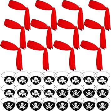 36 PCS Halloween Pirate Party Supplies Set Include 12 Red Pirate Head Bandana Tie Headband Head Ties 24 Black Felt Eye Covers Skull Captain Eye Patches Costume Accessories for Themed Party Cosplay