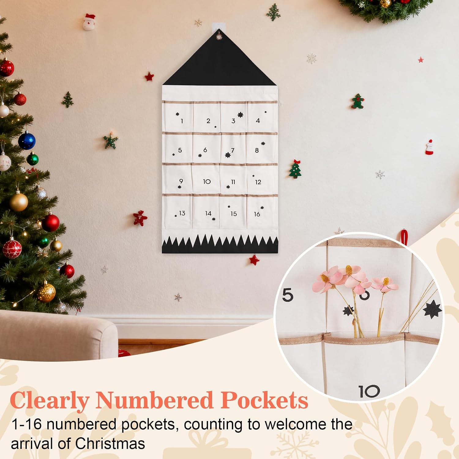 Christmas Advent Calendar with 16 Pockets, Reusable Countdown Calendar Storage Bag, Fabric Calendar Wall Hanging Bag for Xmas Holiday Home Wall Decoration (Black) image 5