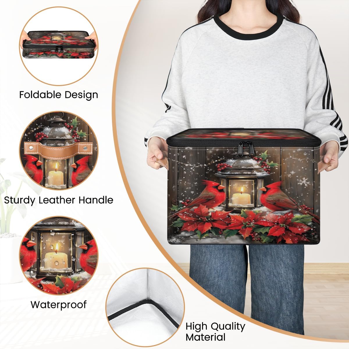 Storage Bin Set of 2 Christmas Birds Storage Basket with Zipper Lid & Handle Foldable Closet Shelf 2 Pack Cloth Organizer Basket Cube Bins for Bedroom, Nursery