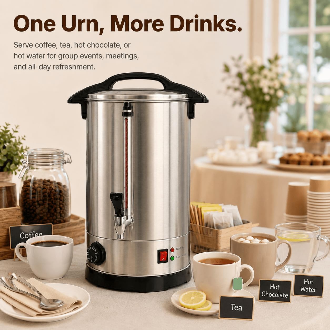 100 Cup Coffee Urn, 15L Stainless Steel Hot Beverage Dispenser