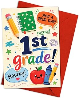 1st Grade Greeting Card, Cute School Supplies Back To School Card | 8x5.3 Inch First Grade Card Gift for Student Teacher, School Supplies Greeting, Back To School First Day Celebration Note!