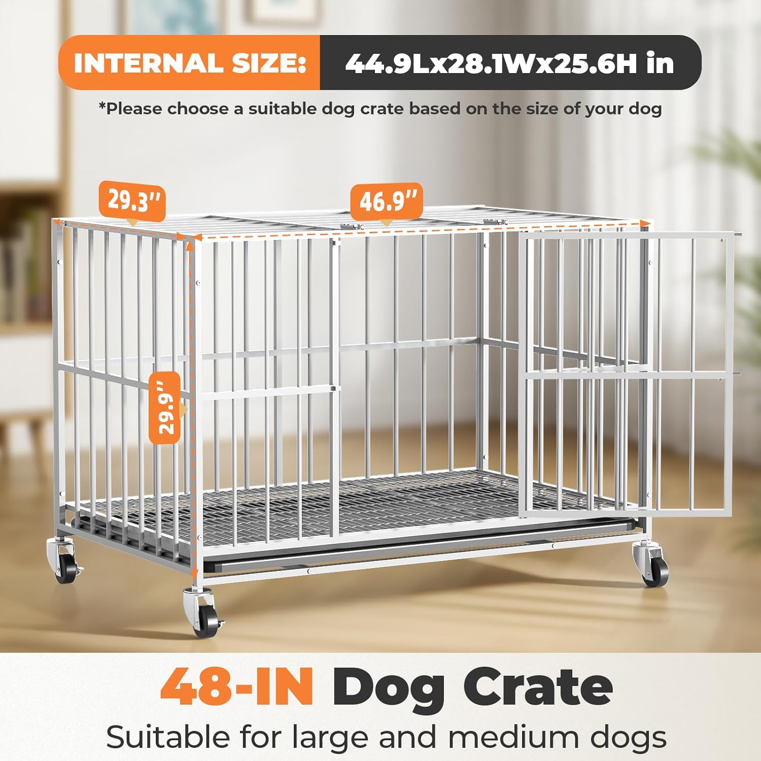 White 48 in Heavy Duty Dog Crate Steel Escape Proof, Indoor Double Door High Anxiety Cage, Removable Tray, Kennel with Wheels,XL XXL