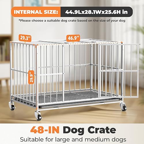 Miniatura 3 de Jaula de acero resistente para perros de 48 pulgadas, a prueba de escape, para interiores, doble puerta, alta ansiedad, bandeja extraíble, perrera