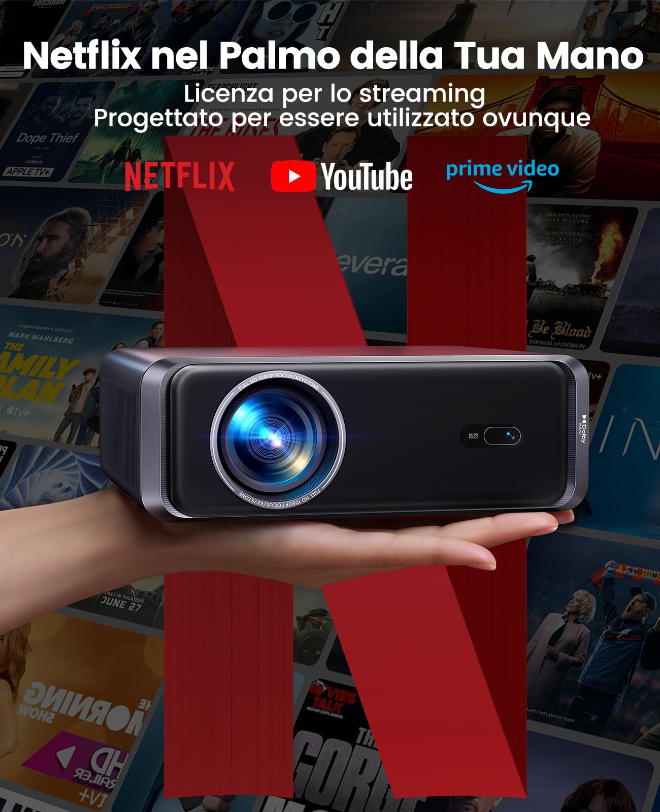 Proiettore 4K【Netflix Ufficiale & Dolby】1000ANSI Auto Focus/Keystone, Smart Proiettore Portatile con WiFi6 Bluetooth, Videoproiettore Full HD 1080P Videoproiettore da esterno/Home Cinema/HDMI ARC/CEC