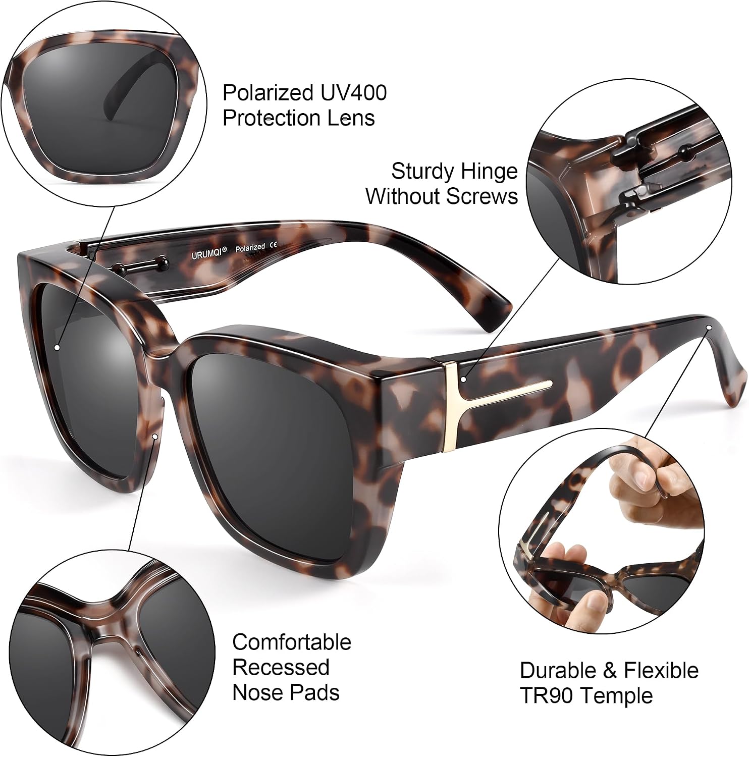 URUMQI Polarized Sunglasses Over Glasses Women, UV400 Protective Over Glasses Sunglasses with TR90，Trendy Square Lens Shades