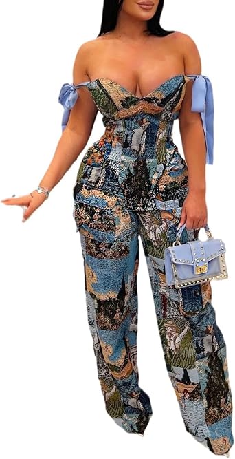 Molilove Sexy 2 Piece Sets for Women Pattern Print Sleeveless Crop Top and Wide Leg Pants with Pockets Soft Stretchy Outfits