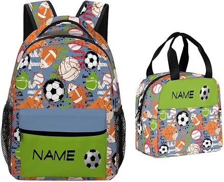 Custom Football Basketball Kids Backpack with Lunch Box Personalized Name School Bag for Girls Boys Customized 2 Piece Set Bookbag Back to School