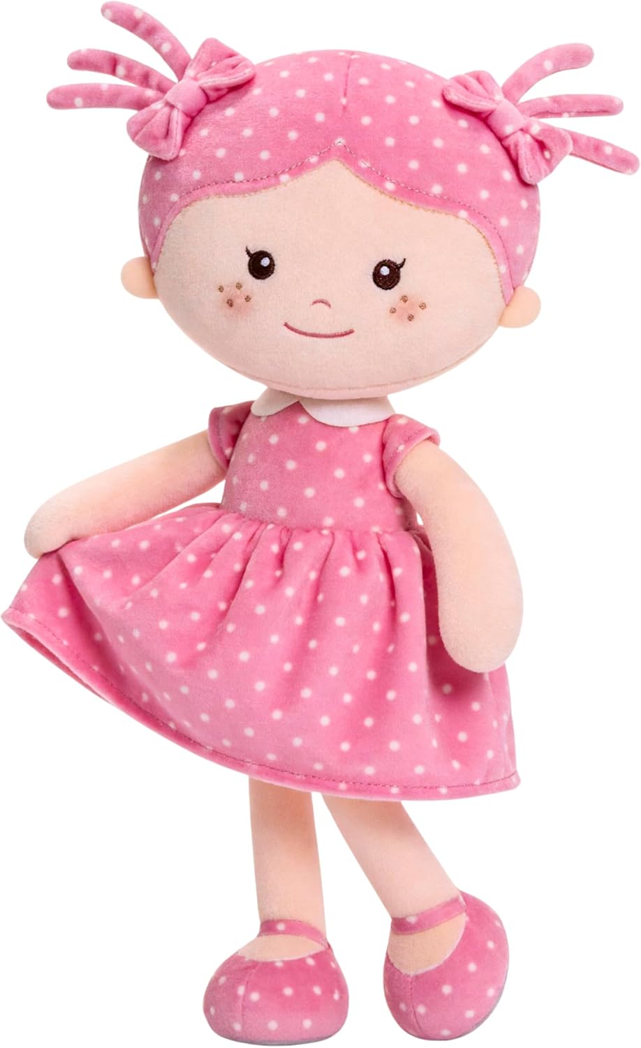 Onetoo Plush Rag Doll Sleeping Cuddle Buddy Doll Soft Baby Doll for Girls First Baby Doll Wear Pink Polka Dot Dress 14"（Milly Series）