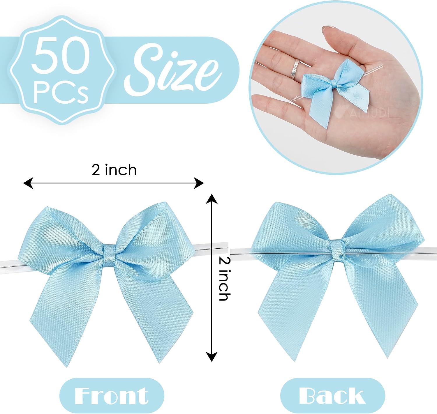 AIMUDI Baby Blue Satin Bows 2" Satin Bow for Gift Wrapping Small Bows with Twist Ties Premade Ribbon Bow for Crafts Cake Pop Treat Bags Wedding Bridal Shower Birthday Party Easter Decoration, 50 PCs image 2