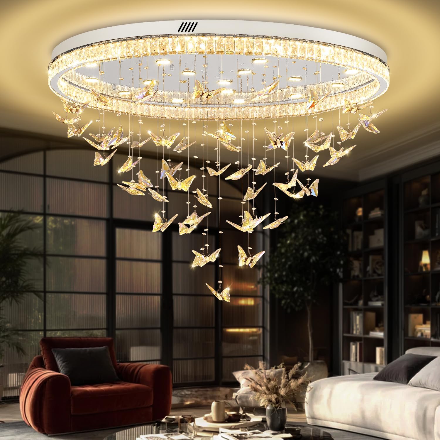 Butterfly Chandelier Silver 48in Modern Crystal Raindrop Chandelier Lighting Flush Mount Ceiling Chandeliers for Living Room 20XGU10