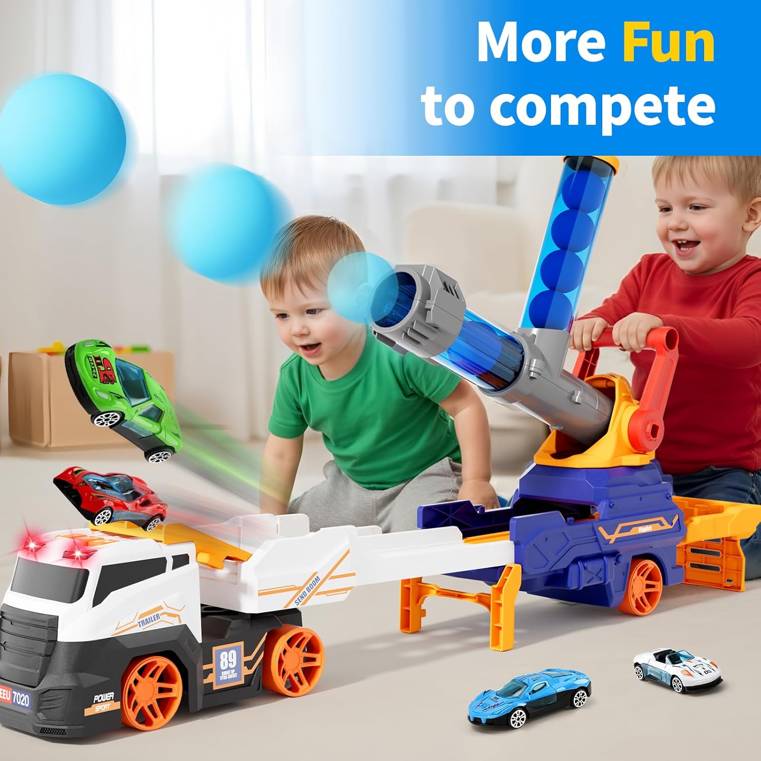 Truck Toys for Kids, EVA Ball Launcher Car Toys for Boys 3-5, Foldable Toy Truck with Light & Sound, Shooting Transport Toy Car Playset, Christmas Birthday Gifts for Kid Boys Age 3 4 5 6 Years Old