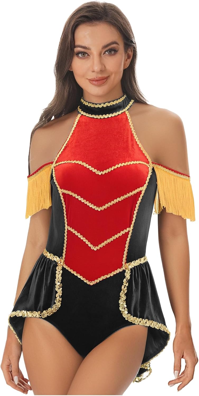 Oyolan Women Adult Fringed Cosplay Bodysuit One-piece Rompers Drum Majorette Costume for Carnivals