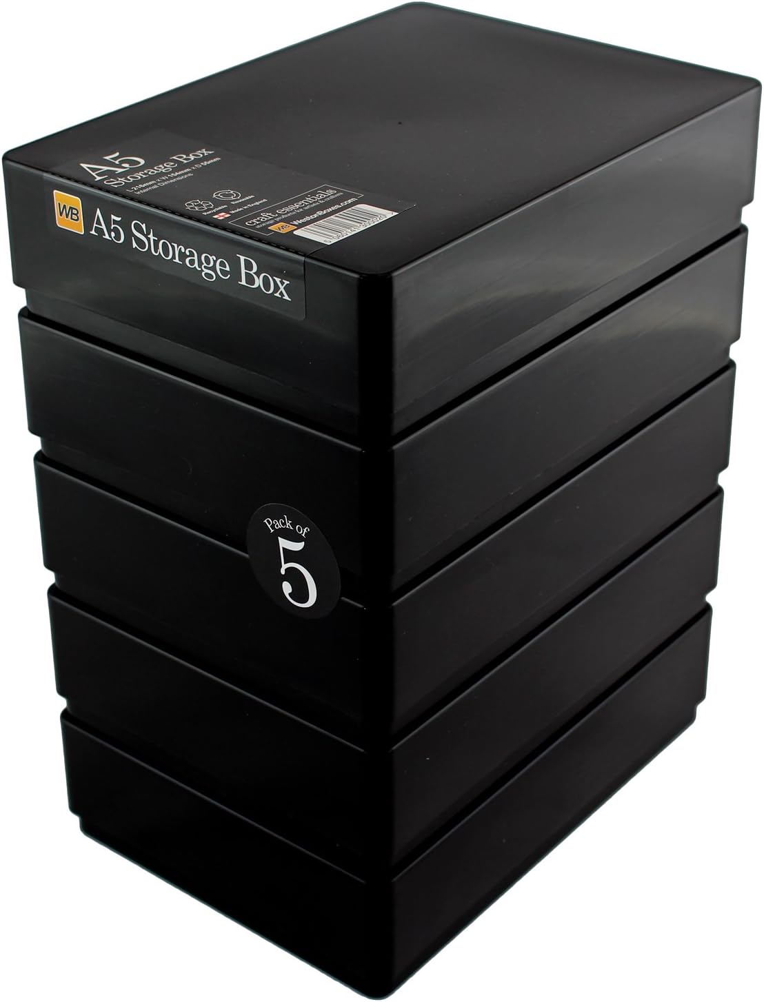 WestonBoxes A5 Plastic Craft Storage Boxes with Lids for Art Supplies, Paper and Card - 1.8 Litre Volume (Black, Pack of 5)
