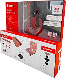 GURU USA SuperKit Square Complete Shower Kit with Heavy Duty Tray, Evo Lite Stainless Steel Drain, & Waterproof Membrane Roll, Bathroom Accessories, 48" x 72", Center Drain, ABS Connector