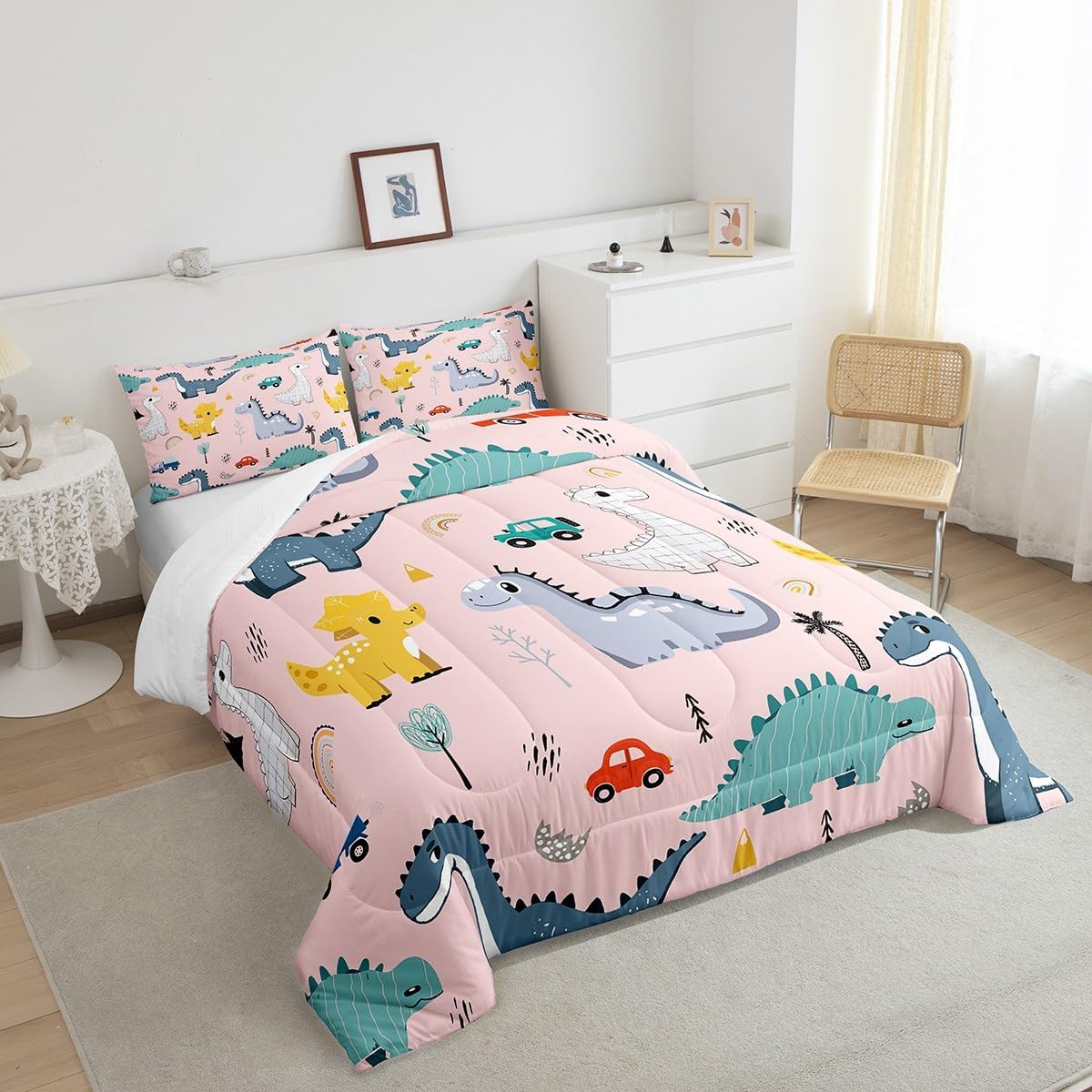 Castle Fairy Cute Dino Kids Comforter Set King Size,Cartoon Cars Dinosaur Rainbow Print Bedding Set All Season Quilt Set,Kawaii Animal Vehicle Drawn Pink Microfiber Polyester Down Comforter