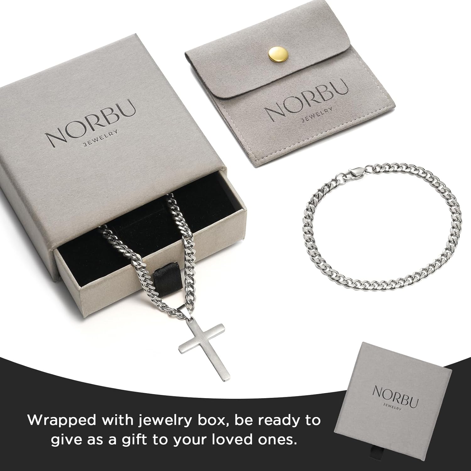 NORBU Stainless Steel Cross Necklace and Bracelet Set for Men, Cuban Link/Wheat/Figaro/Box Chains 20" Length, Bracelet 7 1/2" and 8" Length, No Tarnish & Durable Mens Religious Gift - Image 6