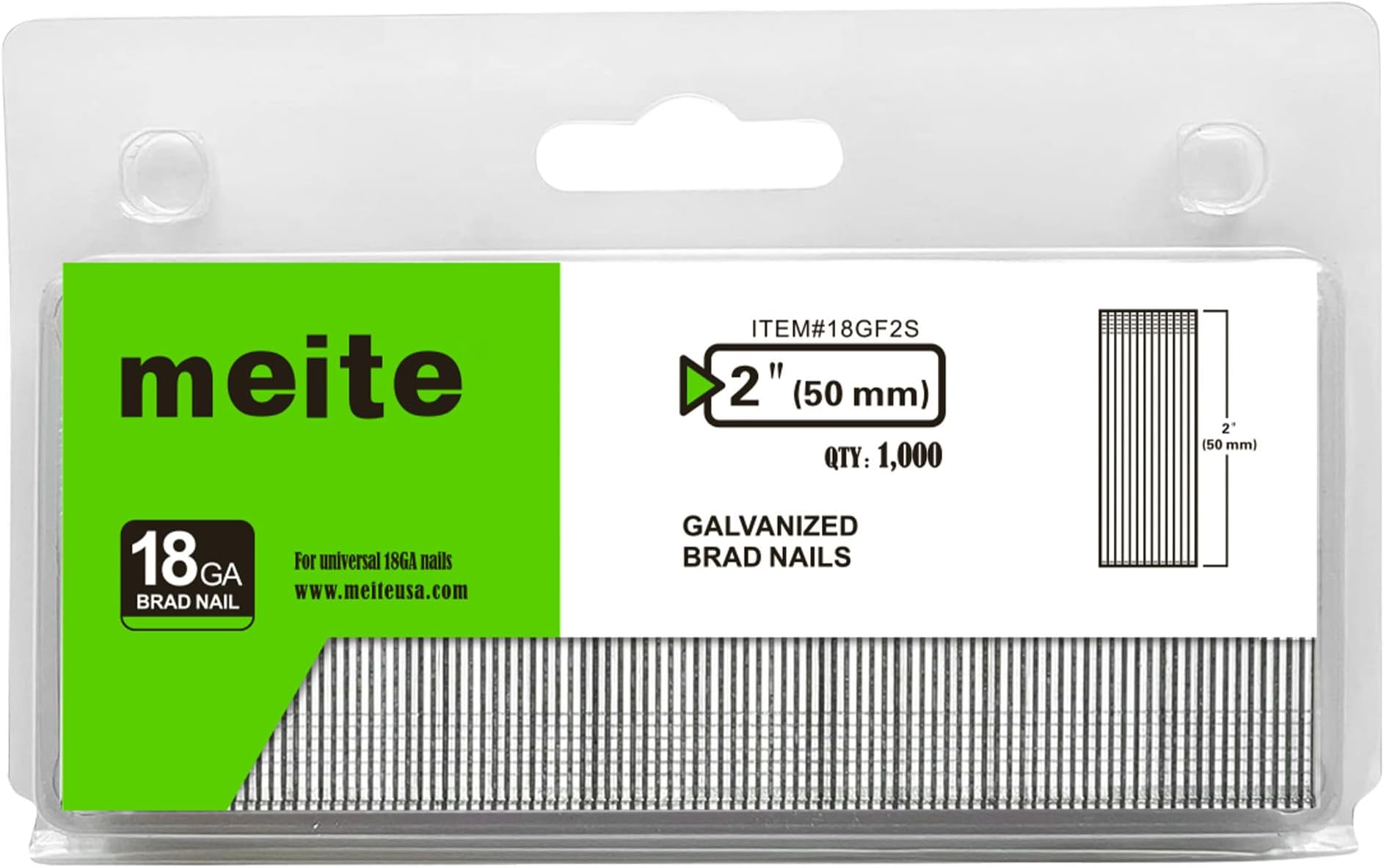 meite 18 Gauge Brad Nails, 2 Inch 18GA Brad Nails Galvanized Small Finishing Nail Gun Nails for Pneumatic, Electric Brad Nailer Gun (1,000 Counts)