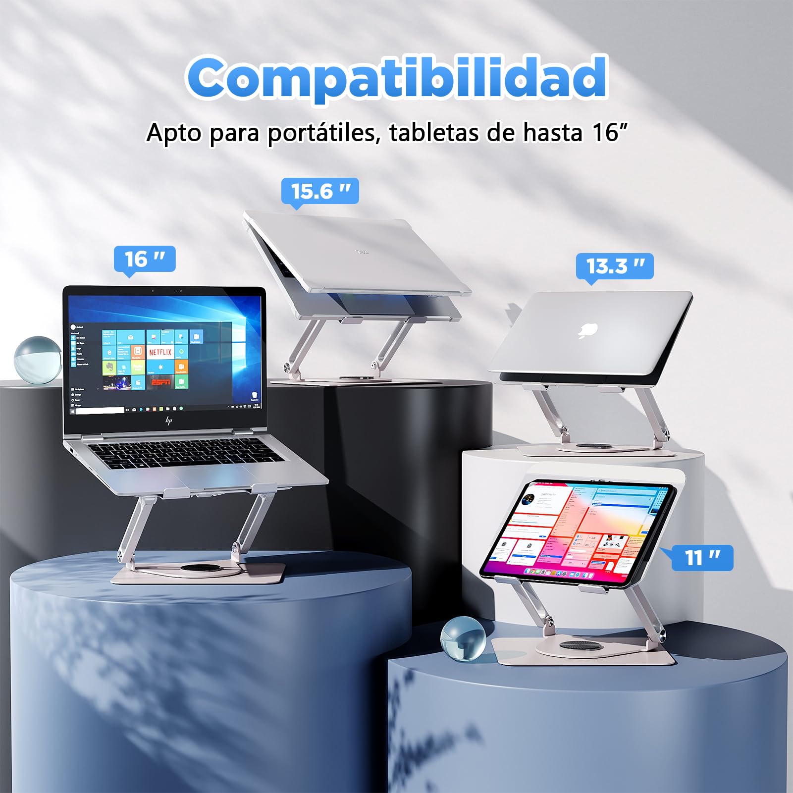 ICARE Soporte Portatil con Base Refrigeradora Portatil Magnético RGB, Giratorio 360°,Carga 10KG, Silencioso 18dB, Elevador para Portatil/Tablet de hasta 16",Plata