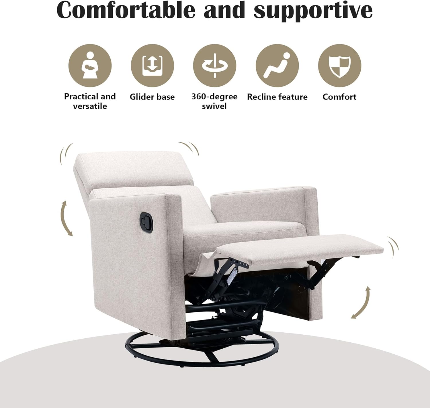 Boucle Recliner Gliders for Nursery, Lazy Rocker Recliner Chair & Swivel Reclining Sofa Chair with Adjustable High Back, Upholstered Cushions,Metal Base (Oatmeal)