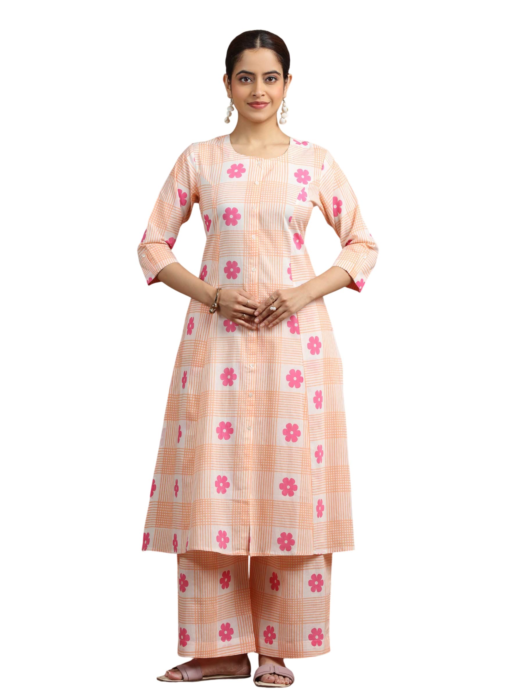 Peach Floral Checkered Pure Cotton Straight Co-Ord Set-XXL-image-19
