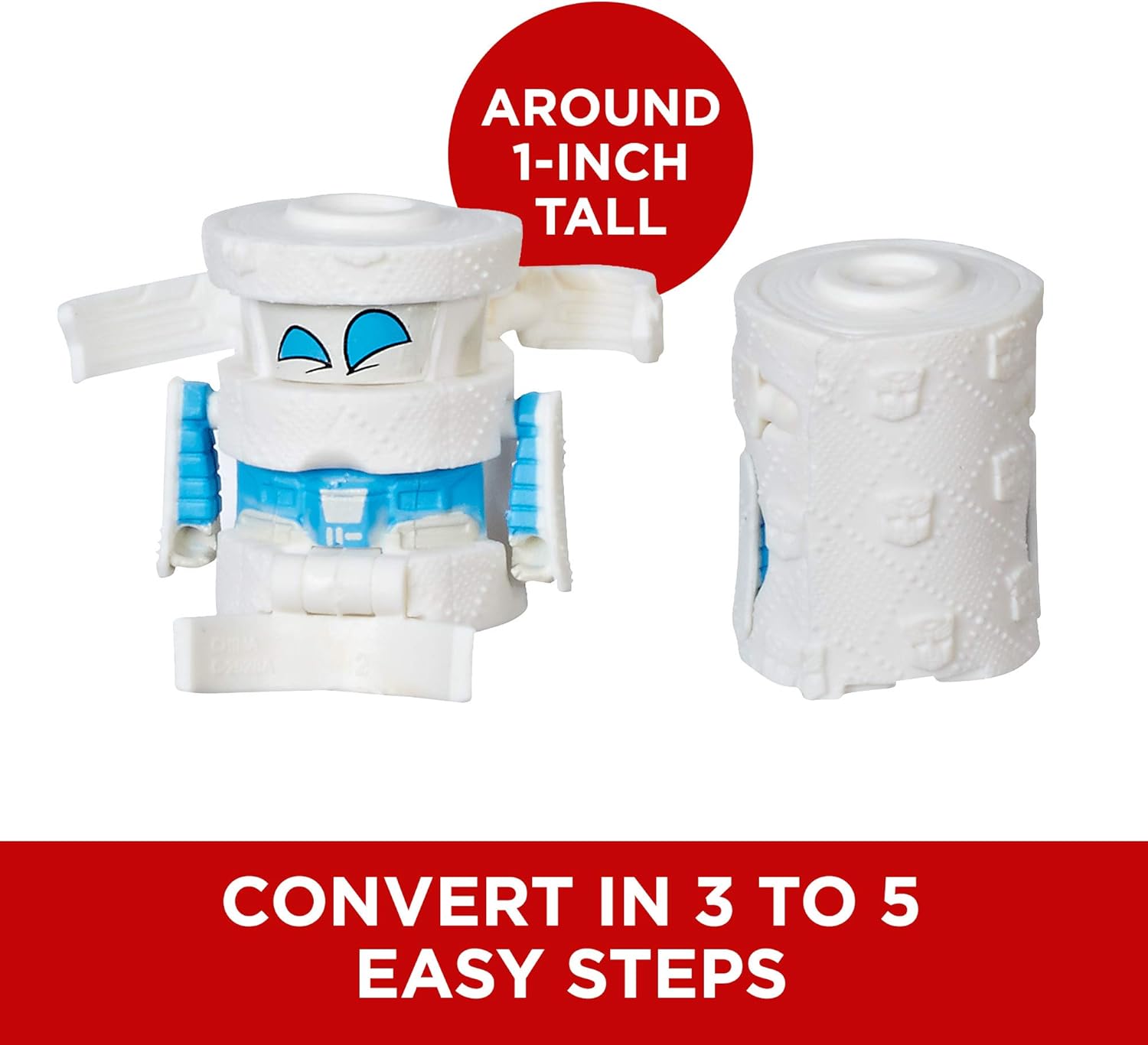 A Transformers Botbot figure, a toilet paper roll, shown in its object mode and then transforming into its robot mode in three steps.