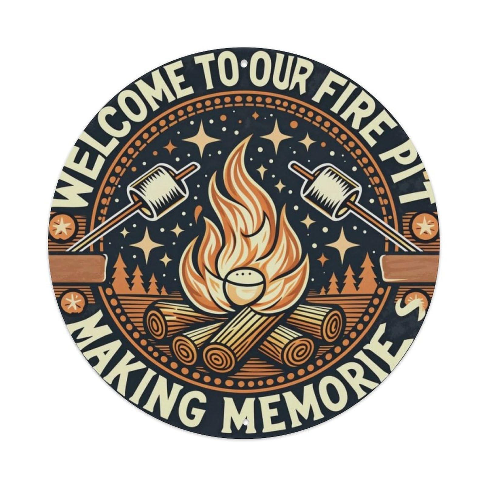 Outdoor Camping Campfire Vintage Welcome Round Decor Sign Vintage Aluminium Metal Sign, Retro Wall Decor for Home, Bar, Garage & Farmhouse 20x20cm