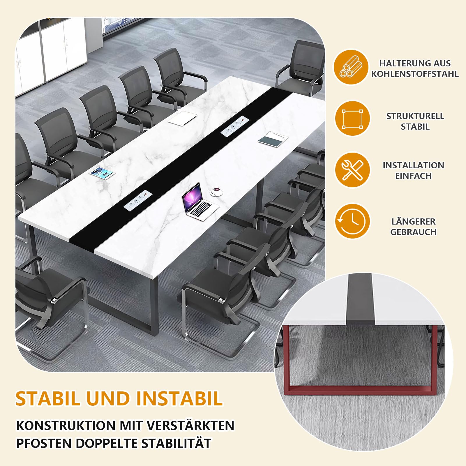 Konferenztisch mit Kabelmanagement und Kabeldurchführung, Großer Besprechungstisch Modern für Büro und Konferenzraum, Stabiler Meetingtisch Büro für Mehrere Personen, Professioneller Konferenztisch