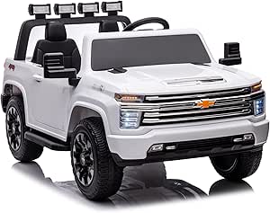 NEWQIDA 24V 2 Seater Ride On Car Licensed Chevrolet Silverado HD Pickup Truck Ride On Toys with Remote Control 4WD Kids Electric Power Vehicles Wheels for Boys Girls, EVA Tires, Music Function, White