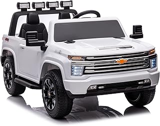 24V 2 Seater Ride On Car Licensed Chevrolet Silverado HD Pickup Truck Ride On Toys with Remote Control 4WD Kids Electric Power Vehicles Wheels for Boys Girls, EVA Tires, Music Function, White