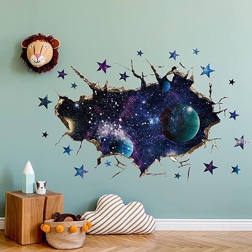 Miniatura 3 de Adhesivos decorativos de pared de galaxia espacial 3D, extraíbles y rotos planetas del espacio exterior, calcomanías de vinilo impermeables para