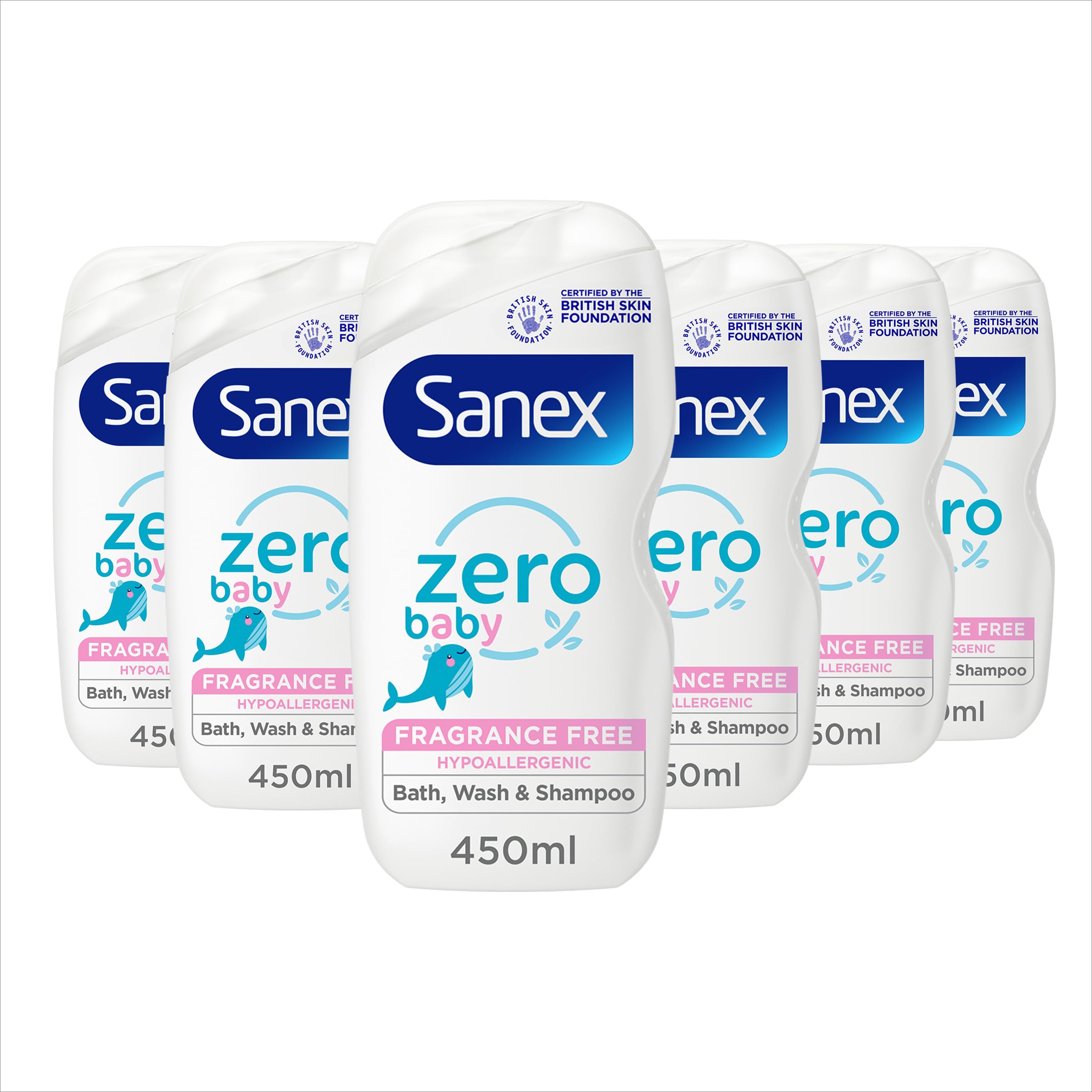 Sanex Zero% Hypoallergenic Baby Bath Foam & Shampoo 450ml x 6 - 0% fragrance, colourants, sulphates* & soap - soothes delicate skin - paediatrician approved - tear free formula
