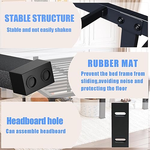 Miniatura 13 de Marco de cama de tamaño matrimonial de 14 pulgadas, soporte resistente de plataforma de metal de 3500 libras, no necesita somier, sin ruido,