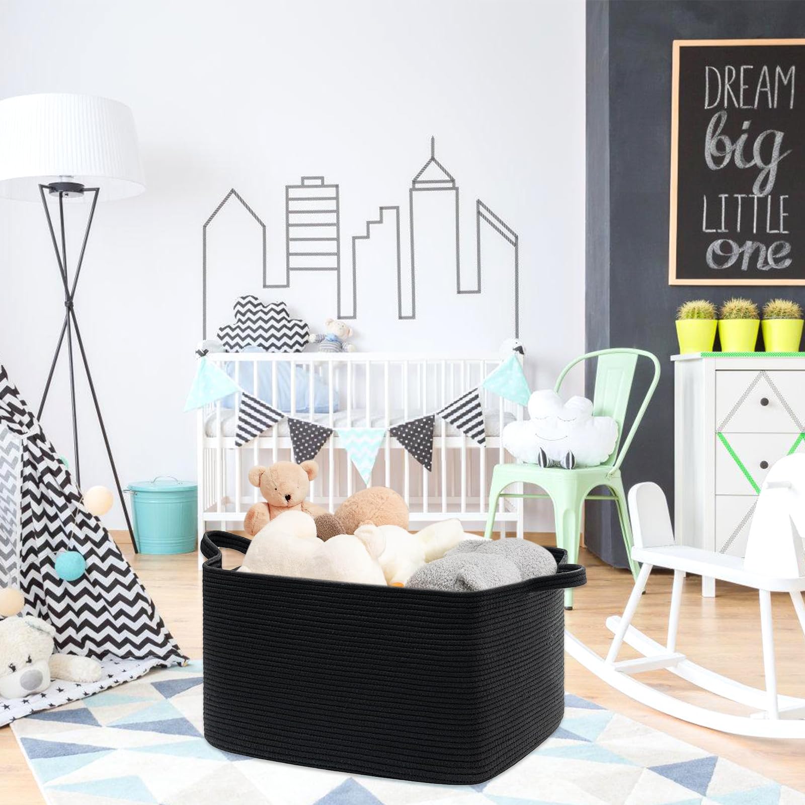 Grand panier de rangement tressé - Panier de rangement tressé pour chambre d'enfant - 55 x 38 x 30 cm - Noir