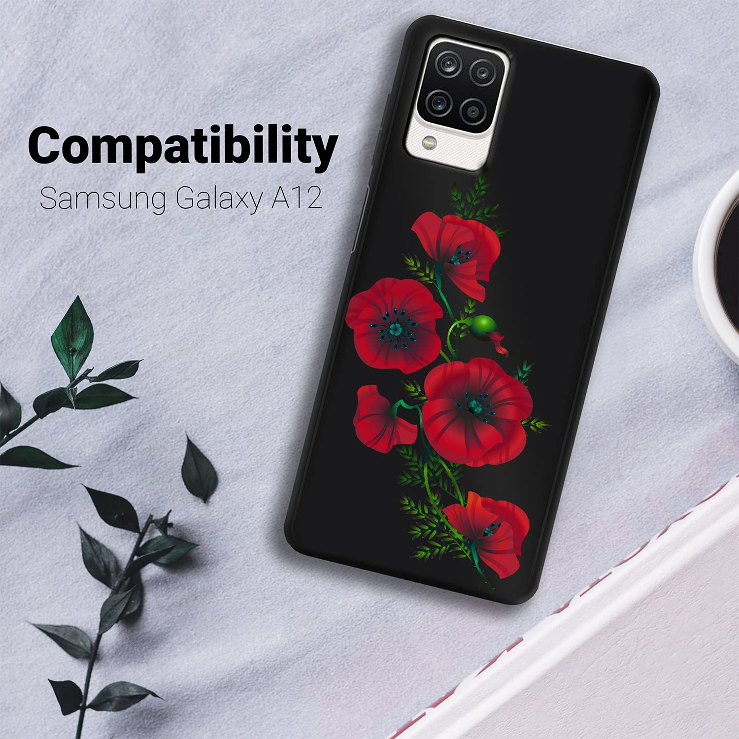 CasesOnDeck Slim Floral Case Compatible with [Samsung Galaxy A12 / A12 TPU Case][Gel Flex TPU] Flexible Glossy TPU Case with Western and Floral Designs (Red Vine Flower)