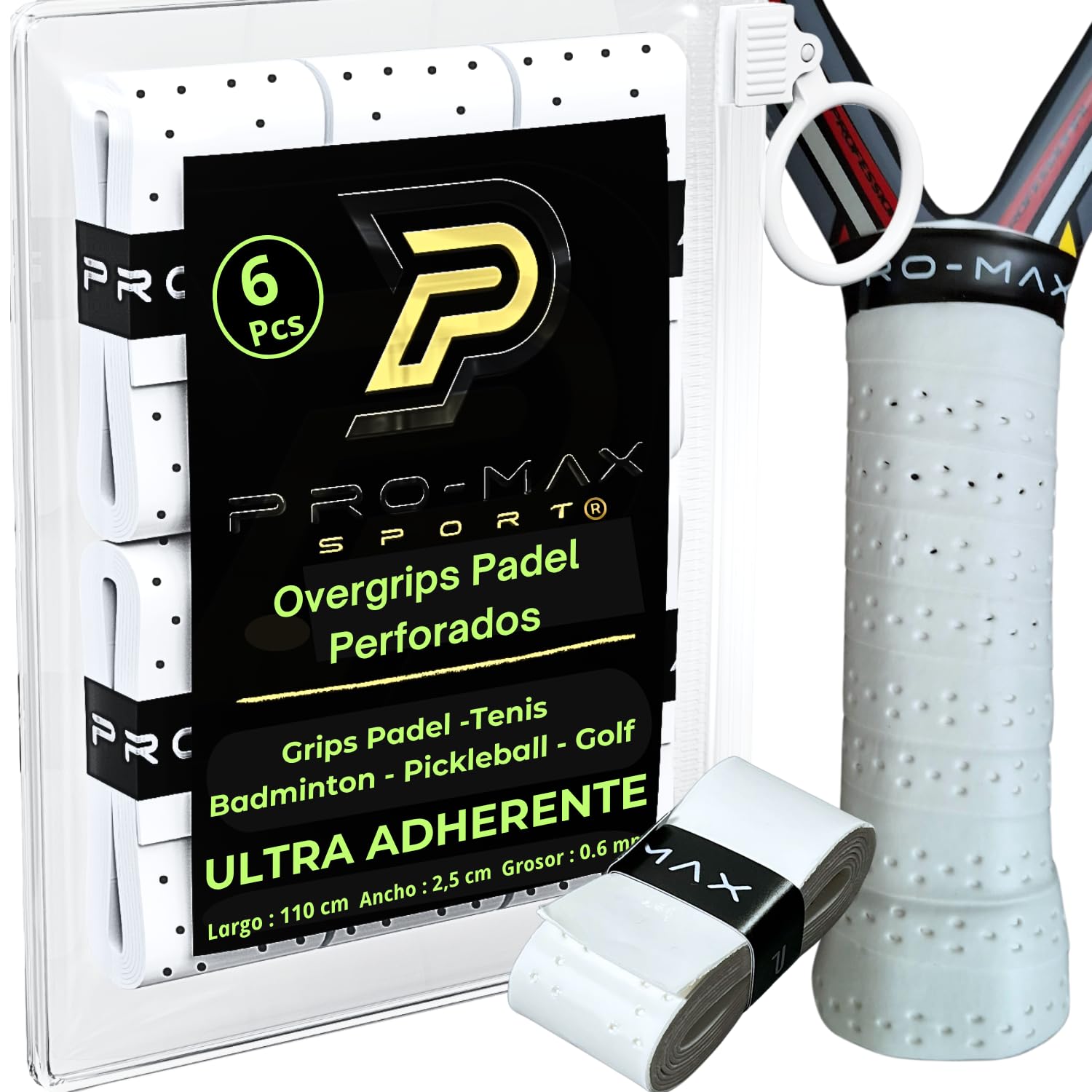 PRO-MAX SPORT Overgrips Padel Extra Adherente Perforados Blanco Pack 4/6/10/25/50 Alta Absorción Sudor Cinta Agarre Antideslizante Grip Padel Pro Sobregrip Raqueta Durabilidad Accesorios Padel