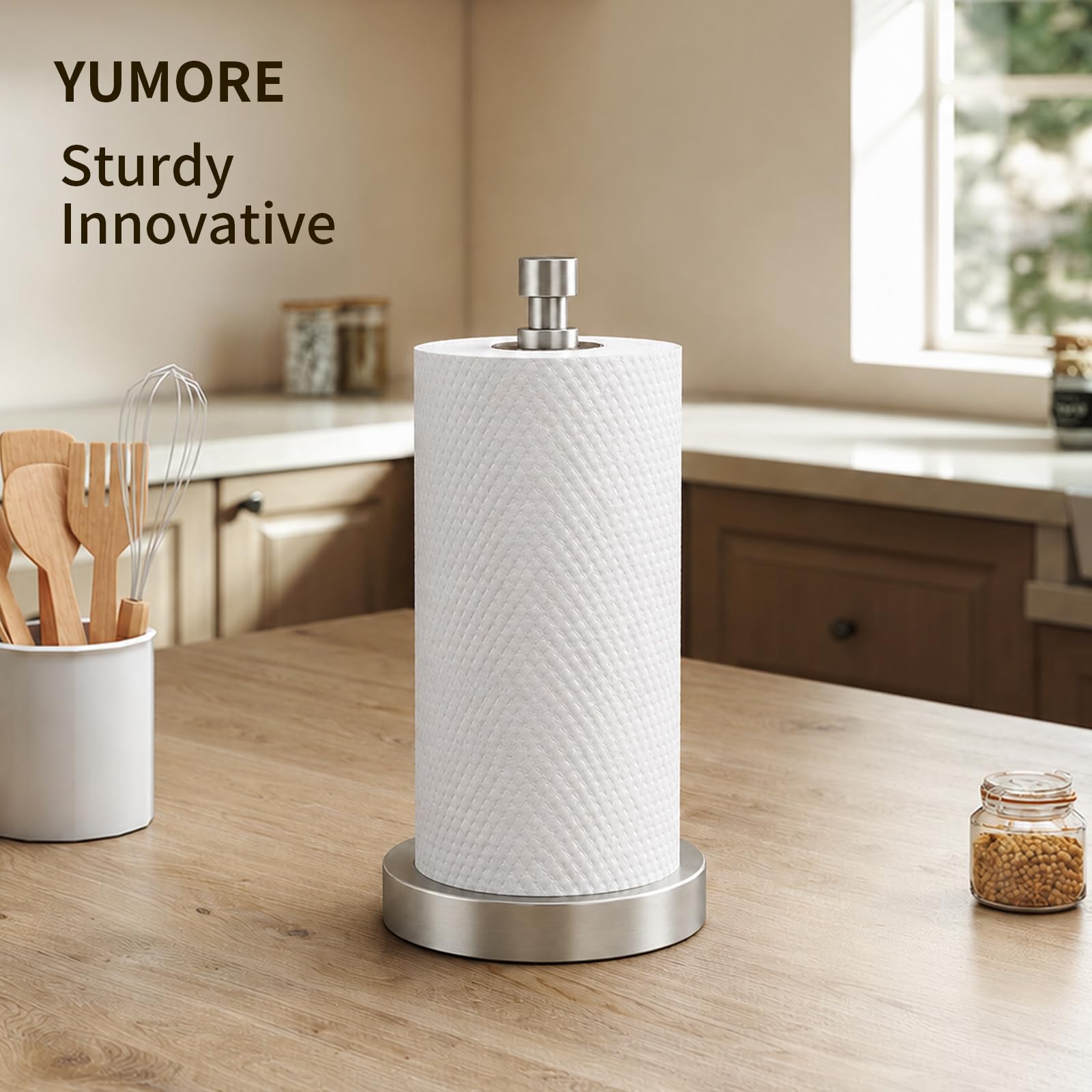 YUMORE Portarotolo da Cucina Autoportante Porta Rotoli Inox, Argento | Porta carta da cucina in Acciaio Inossidabile con Base Ponderata Supporto per Rotoli da Cucina da Banco