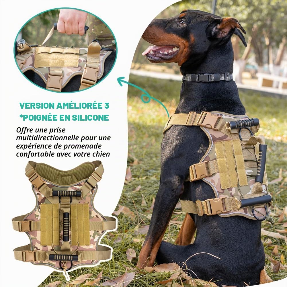 Harnais Chien, Harnais Anti Traction pour Chien RéGlable, Réfléchissant Harnais en Y avec 3 Poignée ContrôL, Facile à Mettre, Respirant Veste Tactique (Camouflage, M)