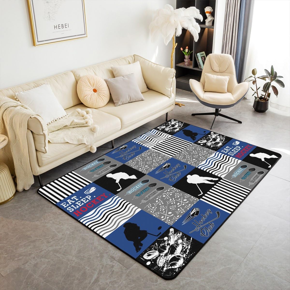 jejeloiu Ice Hockey Living Room Rugs for Bedroom for Kids Boys Girls Area Rug 3x5 Hockey Player Decor Carpet Soft Blue and Gray Indoor Floor Mat Sports Theme Sports Lovers