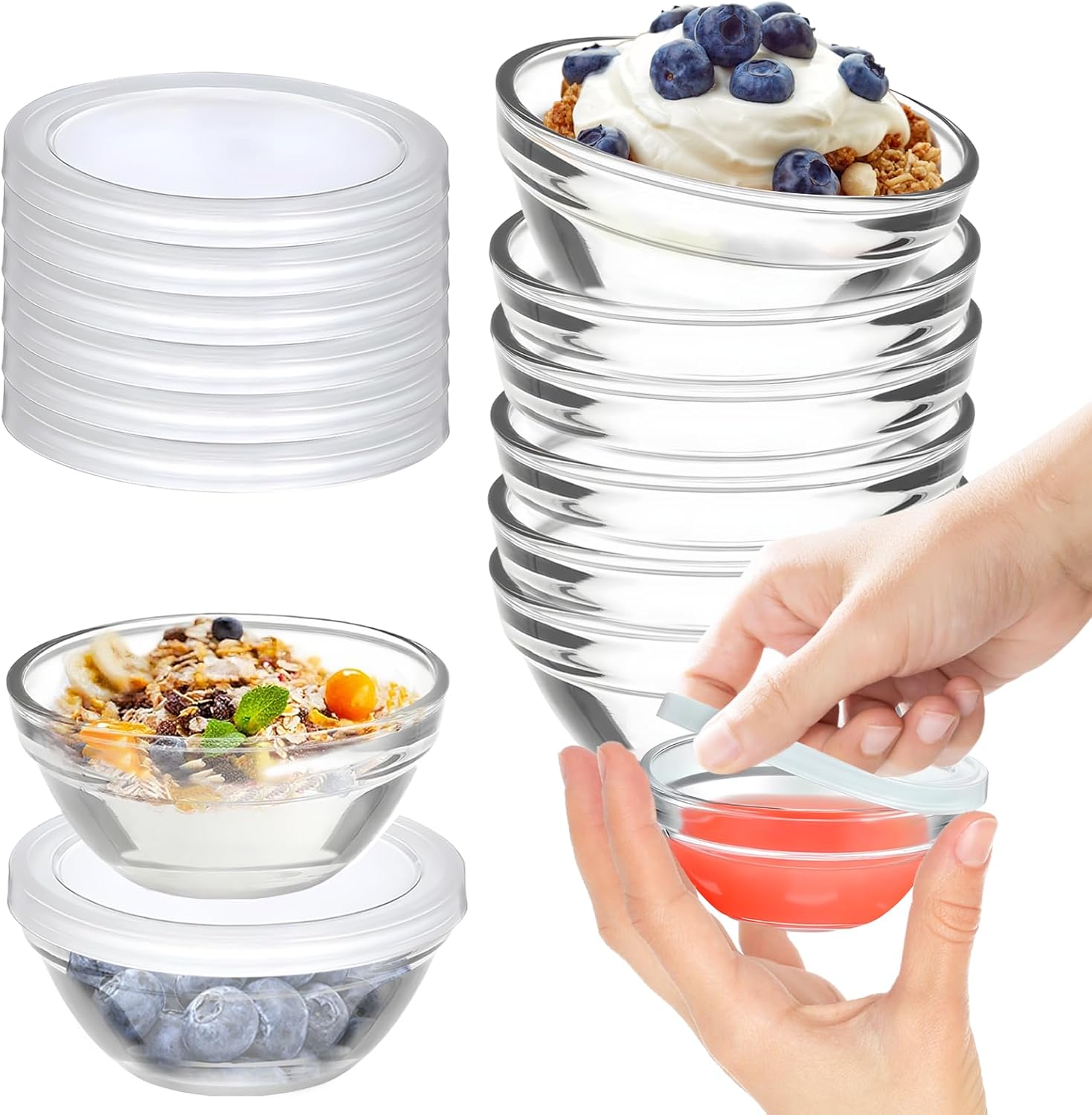 6 Pack Mini 3 Inch Small Glass Bowls with 6 Pack Lids, 2.5 oz Clear Glass Pinch Bowls, Condiment Containers, for Dips, Nuts, Candy, Snacks, Meal Prep Bowls 6 Pack with Lids