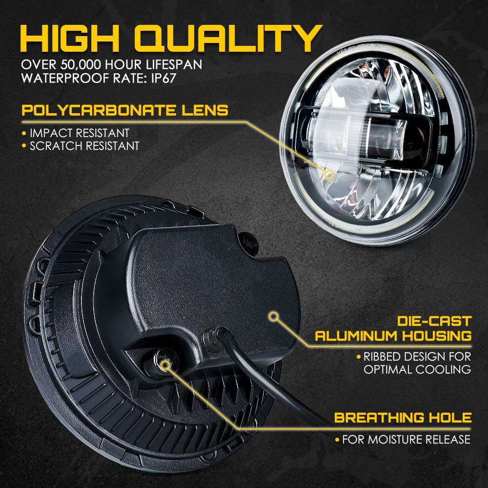 Xprite 7" LED Round Headlights Compatible with 1997-2018 Jeep Wrangler JK JKU LJ CJ TJ Hummer H1 H2, Halo Ring Headlamps DOT Approved, High/Low Sealed Beam, Plug & Play, Black